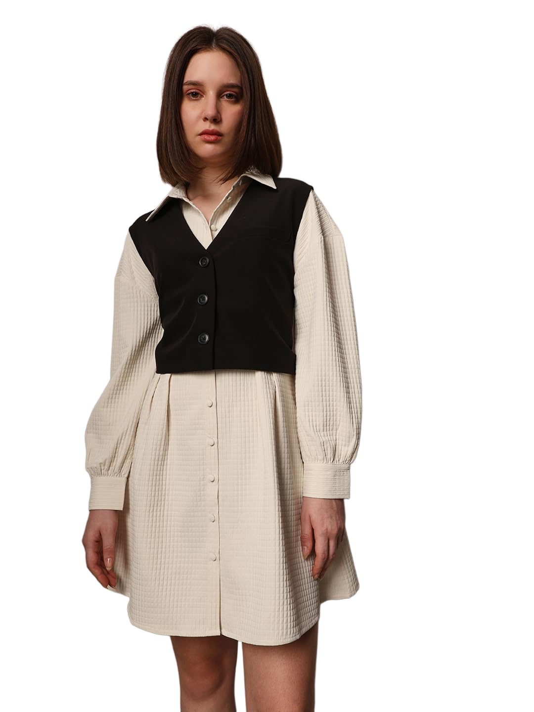 ONLY Women Textured Fit and Flare Casual Beige Shirt Dress