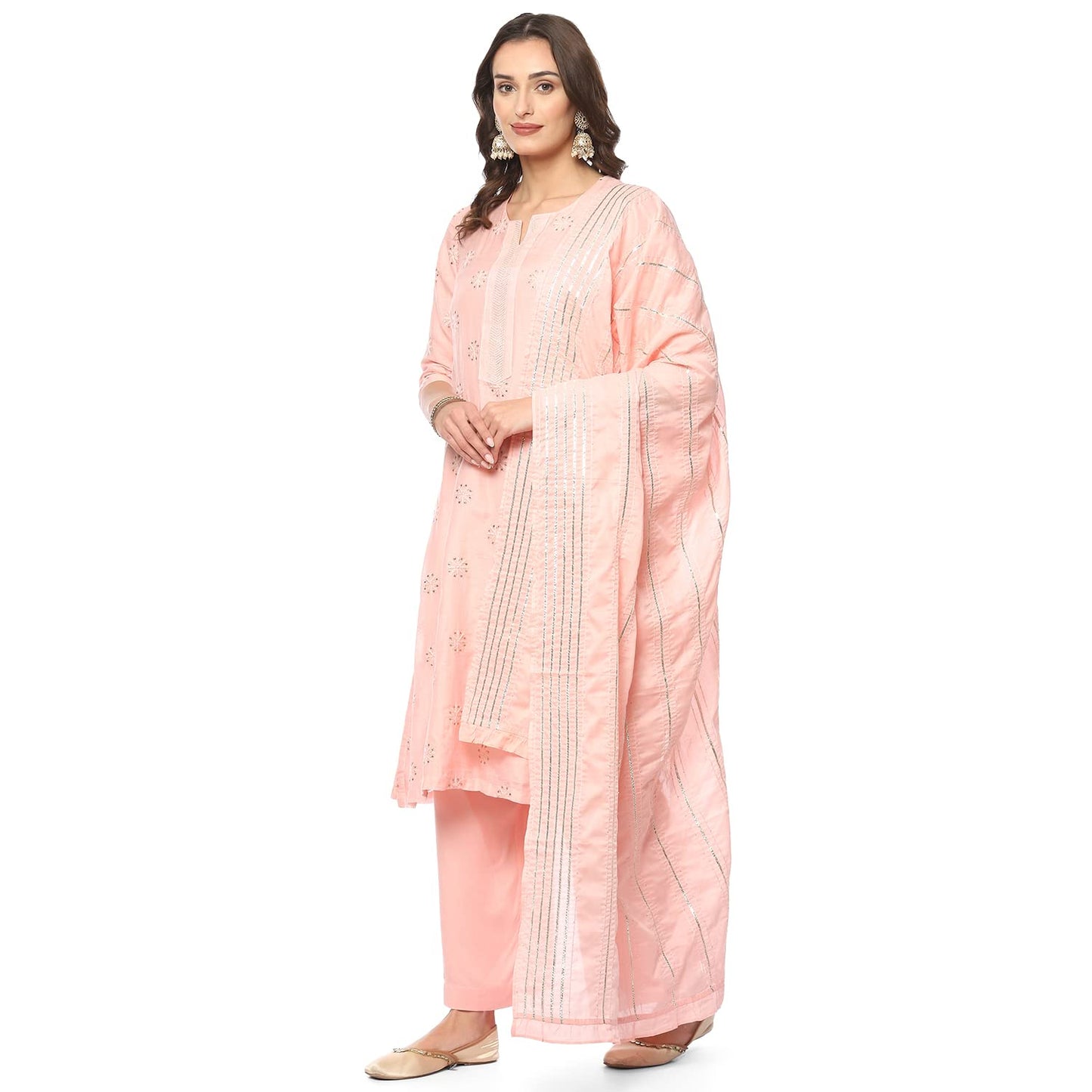 BIBA WOMEN EMBROIDERY STRAIGHT SALWAR KURTA DUPATTA(SKDASSORTED8421_POWDER PINK_34)