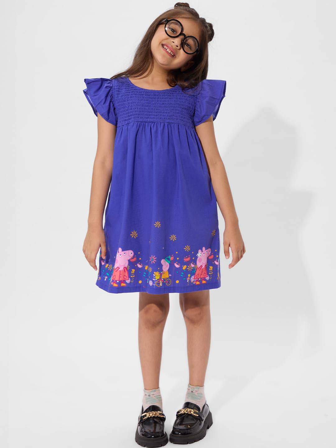 The Souled Store Peppa Pig: Autumn Girls Round Neck Short Sleeves Blue Printed Knee Length Cotton Dresses