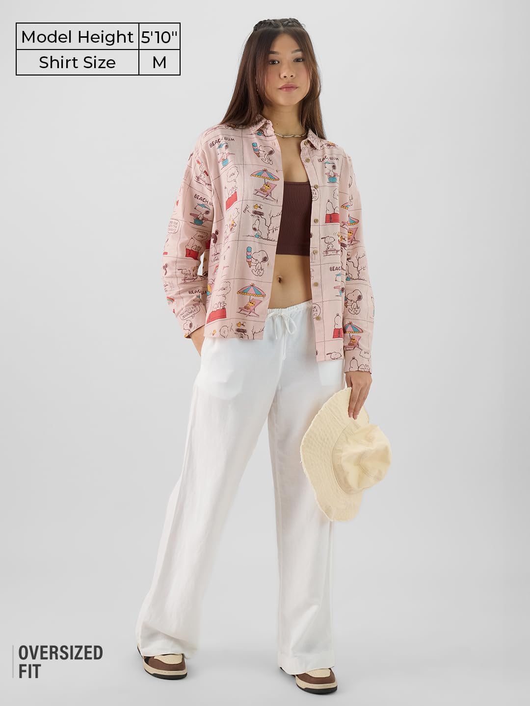 The Souled Store Official Peanuts: Beach Bum Women and Girls Long Sleeve Collared Neck Pink All Over Printed Cotton Boyfriend Shirts