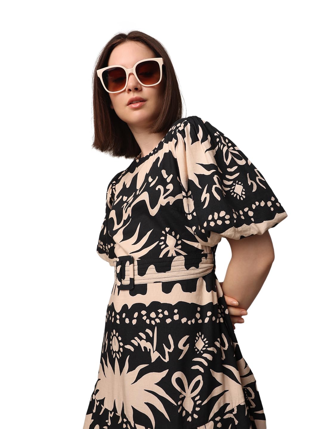 ONLY Women Printed Fit and Flare Casual Black Fit and Flare Dress