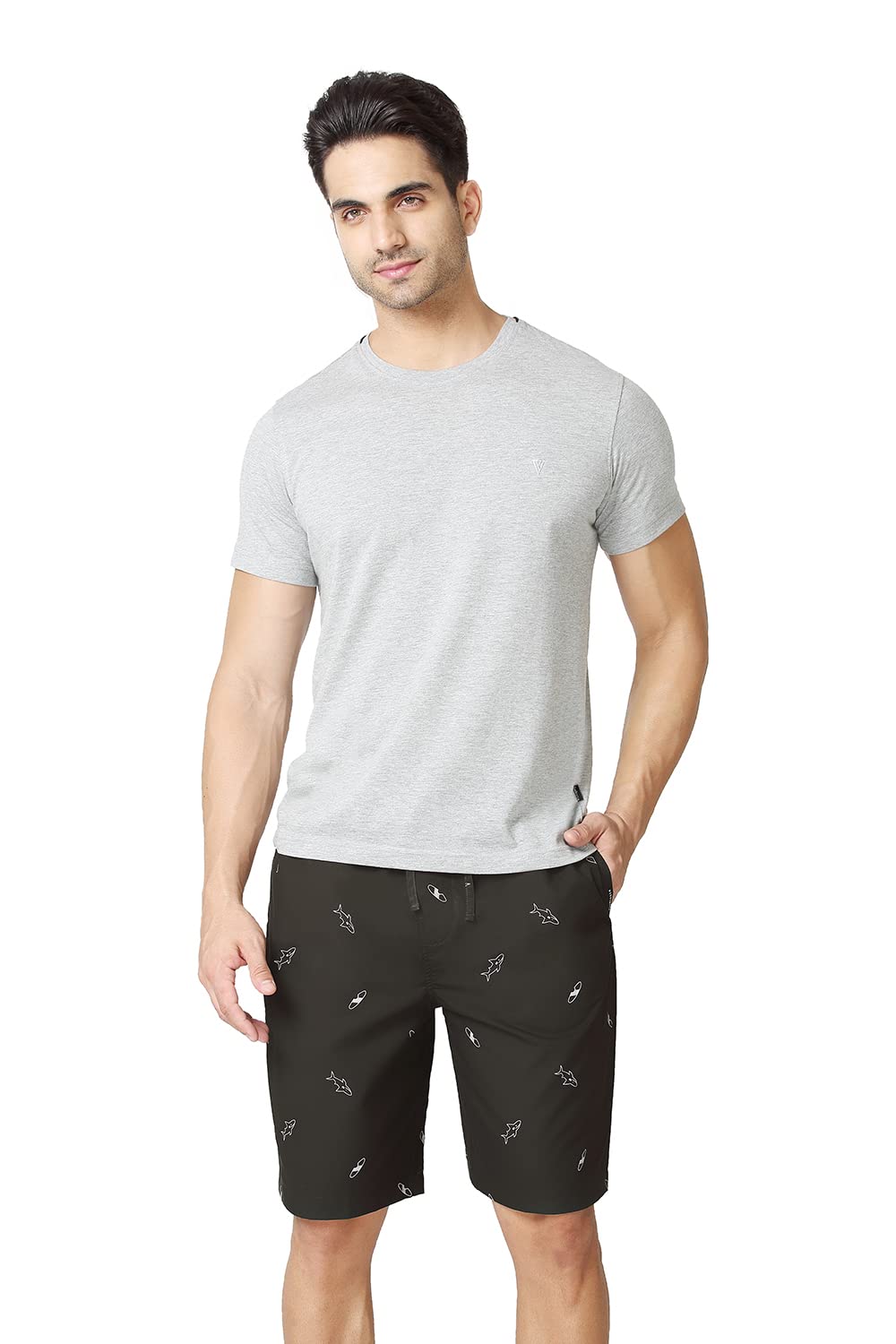 Van Heusen Men's Athleisure Soft Suede Touch Lounge Shorts - 100% Combed Cotton - Allover Print, Functional Pocket_50061_ASP-17_Medium,Black