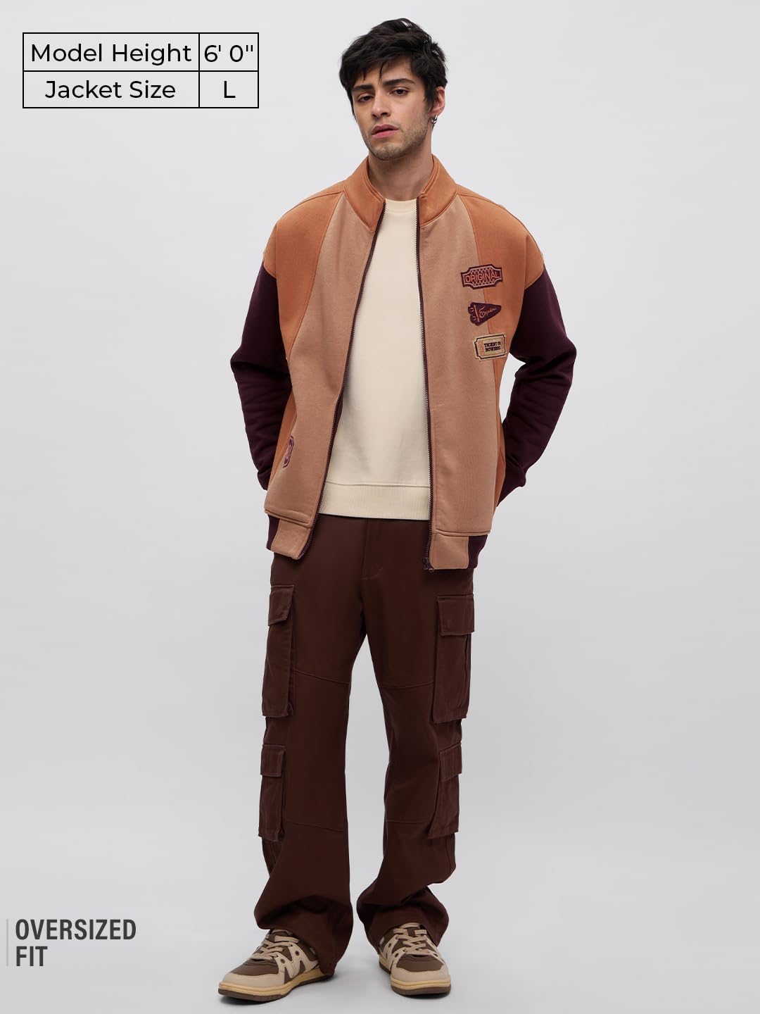 The Souled Store Ticket To Nowhere Men and Boys Long Sleeves Stand Collar Zipper Front Brown Cotton Blend Oversized Racer Jackets