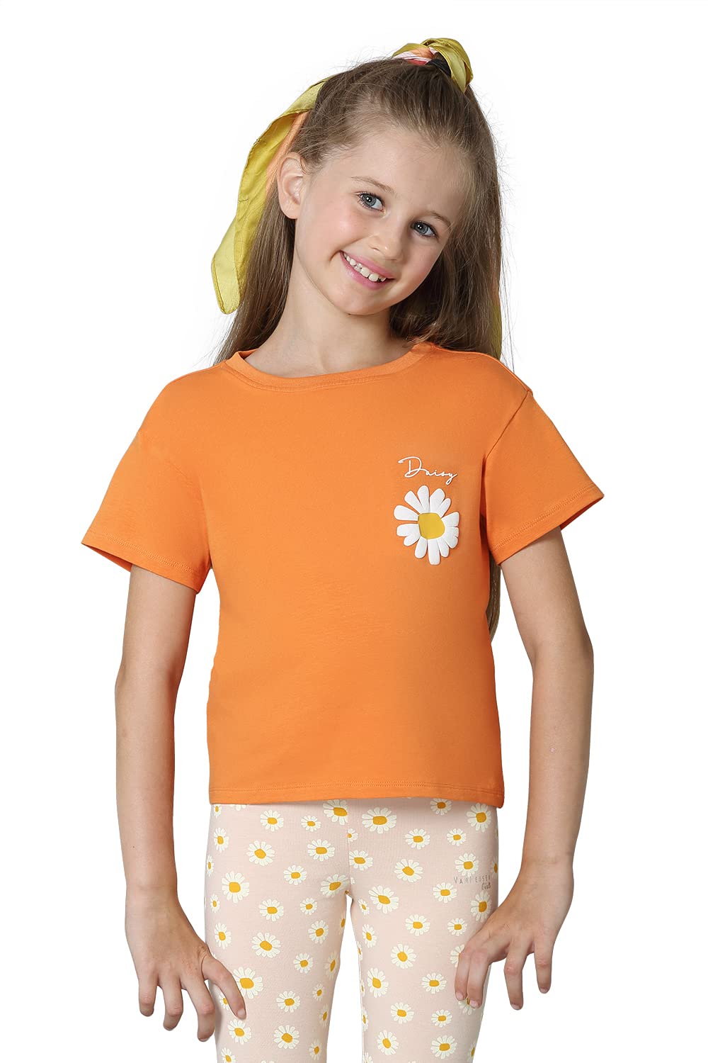 Van Heusen Girls Ultra Soft T-Shirt - Power Plus Cotton Relaxed Fit Spandex - Crew Neck, Short Sleeve_56401_Apricot Buff_7-8 Years, Orange