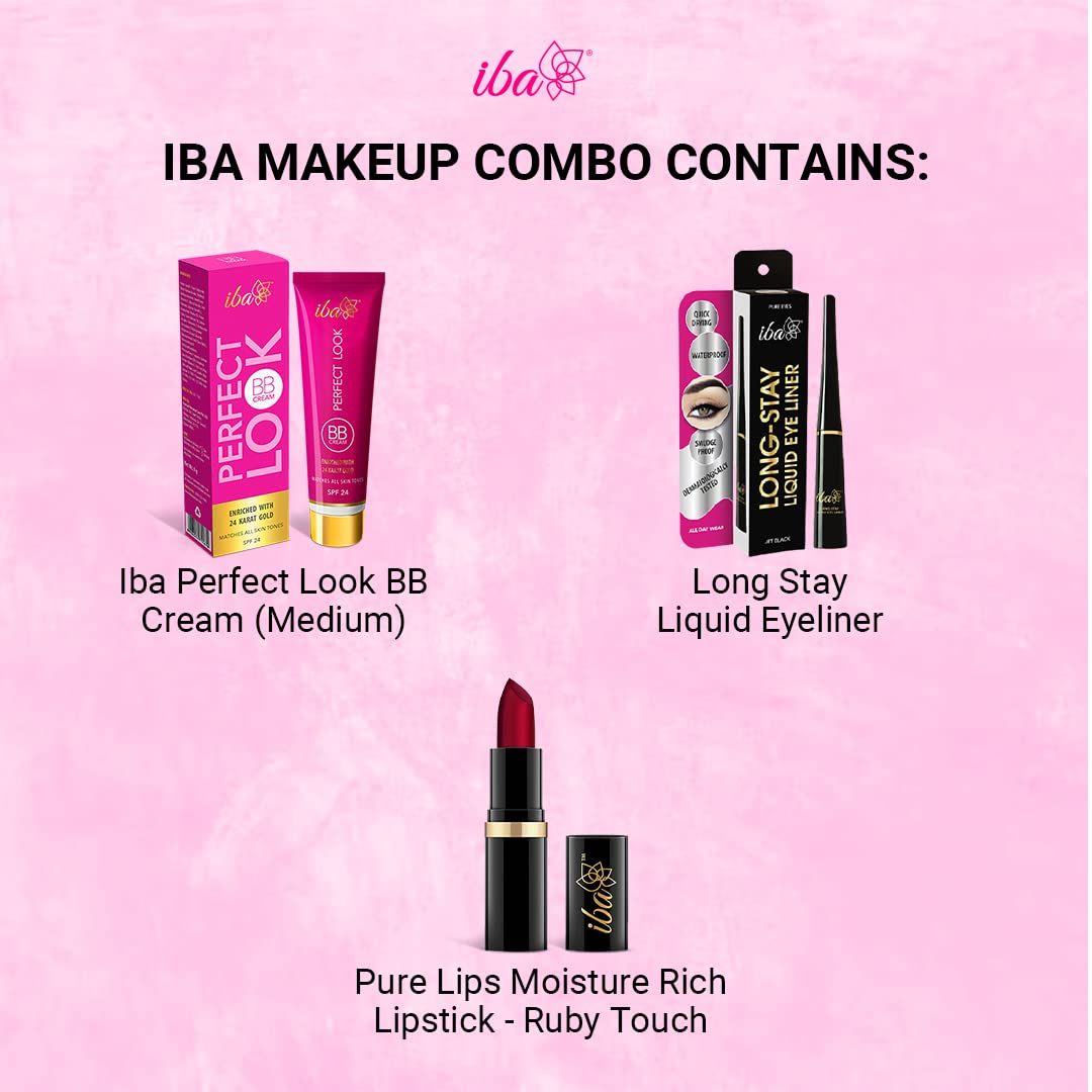 Iba Makeup Combo 2-24 Karat Gold BB Cream(Medium Shade) | Long Stay Eyeliner | Ruby Touch A65 Lipstick (Set of 3)