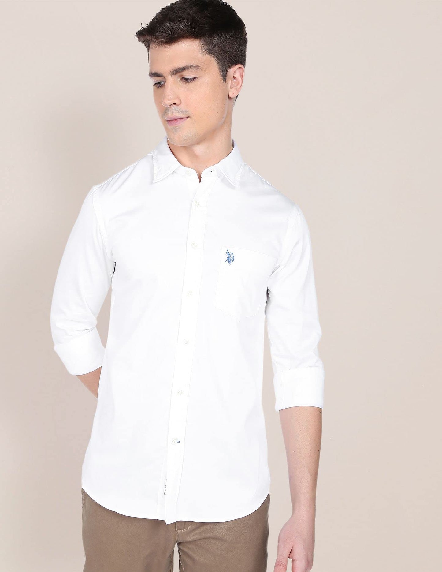 U.S. POLO ASSN. Mens Cotton Solid Satin FS Regular Fit Shirts (USSHTFX0019_White_Medium)