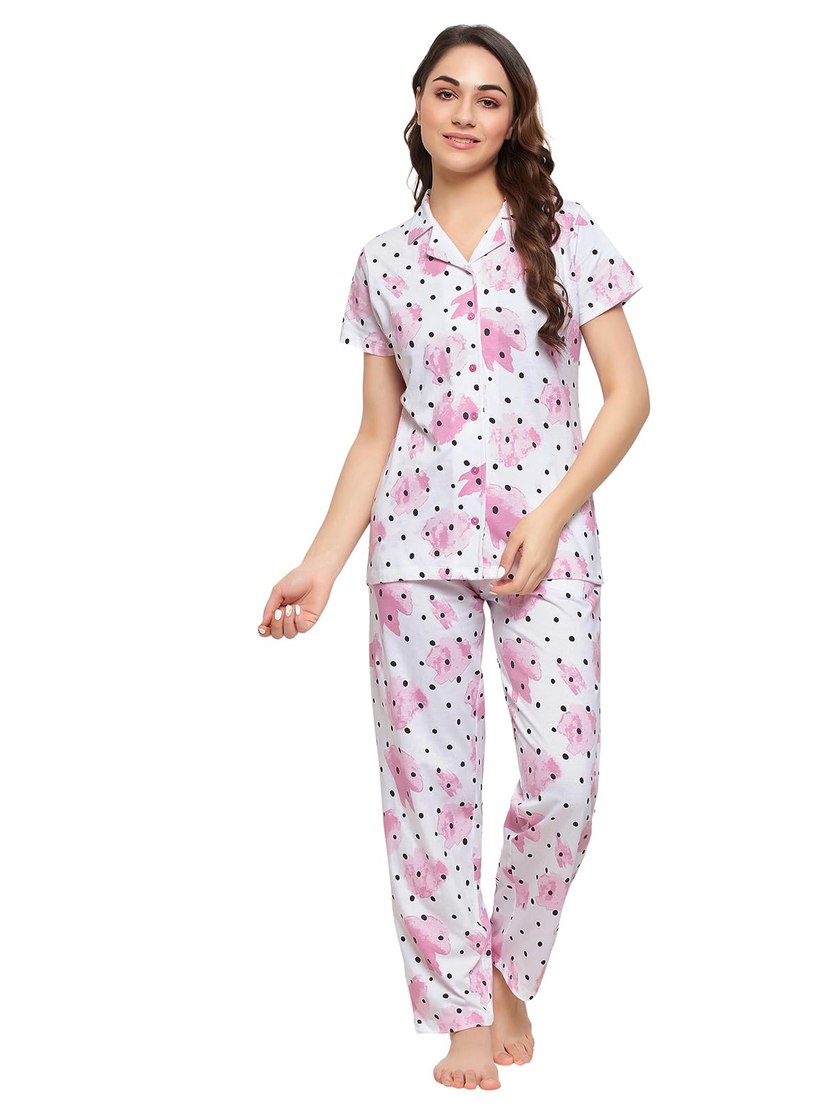 Clovia Women's Cotton Print Me Pretty Button Down Shirt & Pyjama Set (LS0025K18_White_3XL)