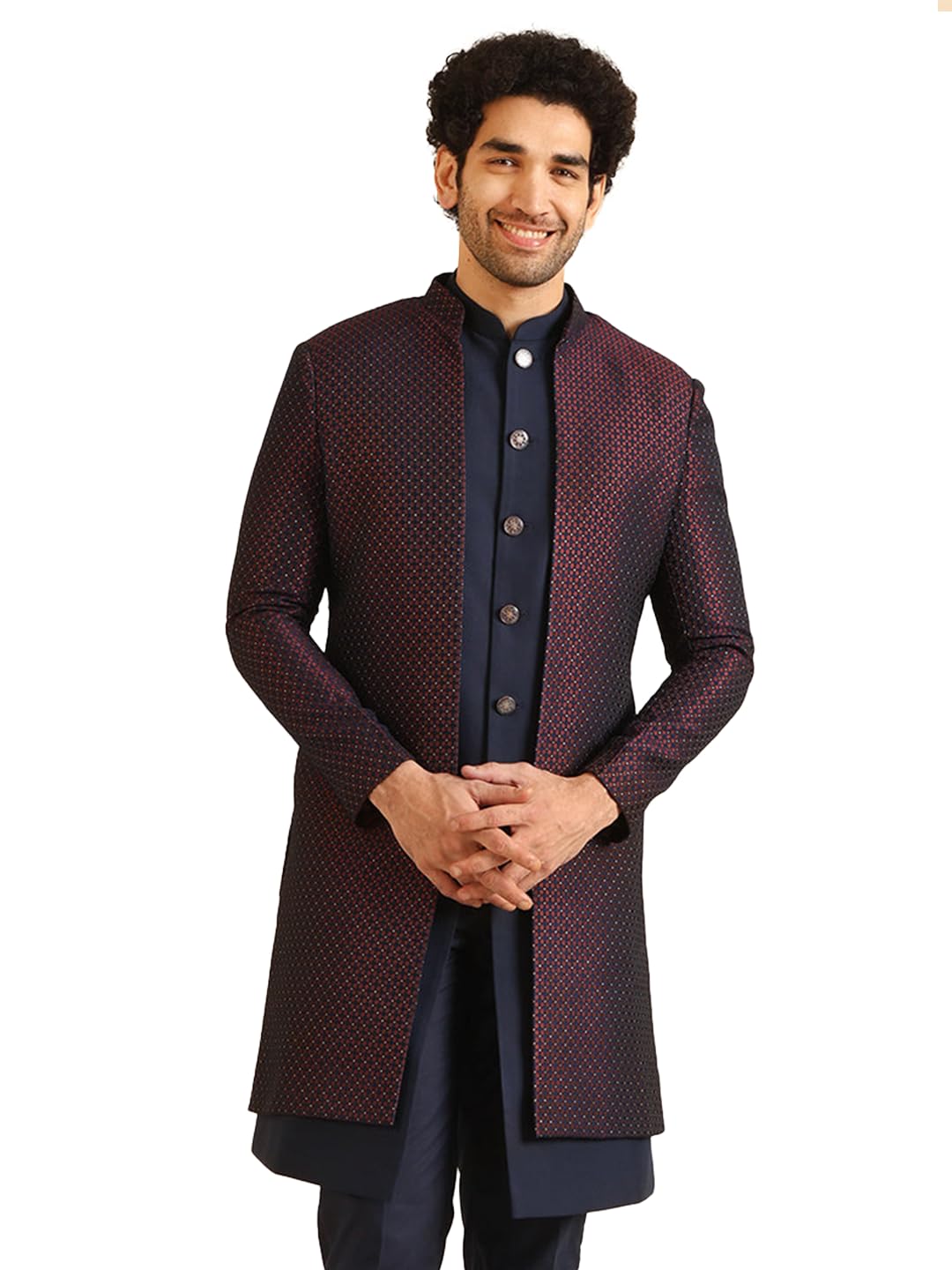 KISAH Jacket Sherwani Set for Men – Woven Design Jacquard Sherwani with Trouser | Ethnic & Formal Indian Outfit for Weddings, Celebrations & Parties, Wine, 42