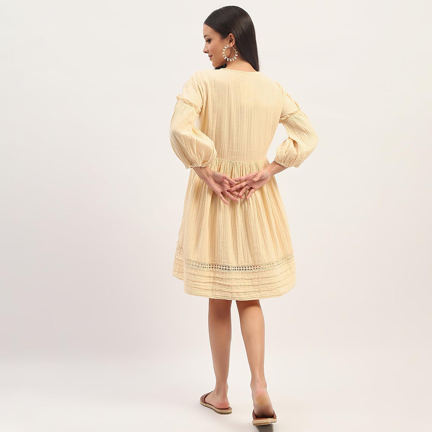 Madame Puff Sleeve Fit and Flare Cotton Beige Midi Dress