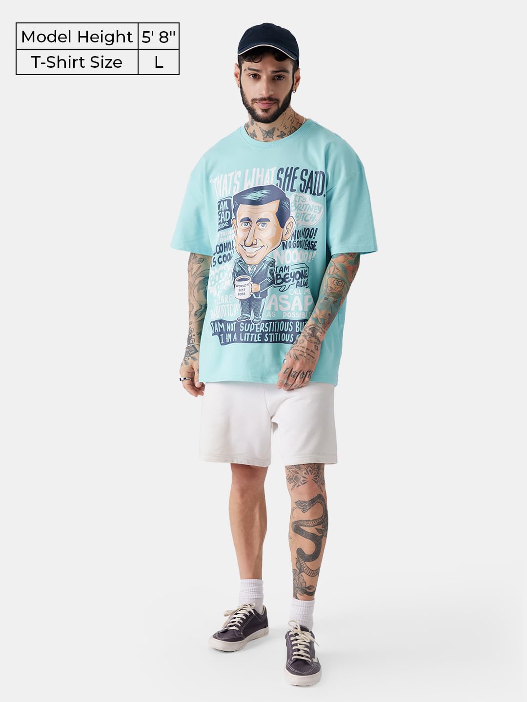 The Souled Store Official The Office: Michael Scott Men and Boys Oversized fit Graphic Printed Half Sleeve Cotton Sky Blue Color Men Oversized T-Shirts
