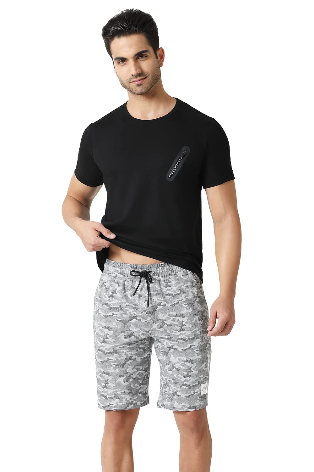 Van Heusen Men Knit Shorts - Cotton Rich - Drawstring Waist, Camo Print, Ultra Soft_70015_Grey Melange AOP_S