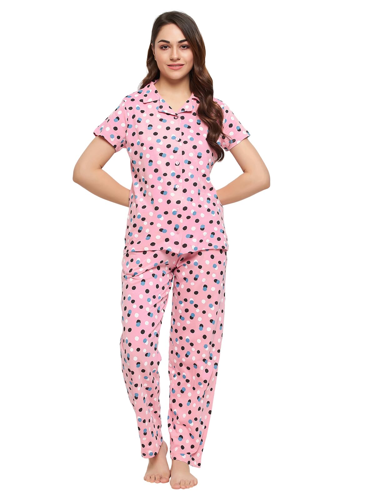 Clovia Women's Cotton Dot Print Button Down Shirt & Pyjama Set (LS0645D22_Pink_S)