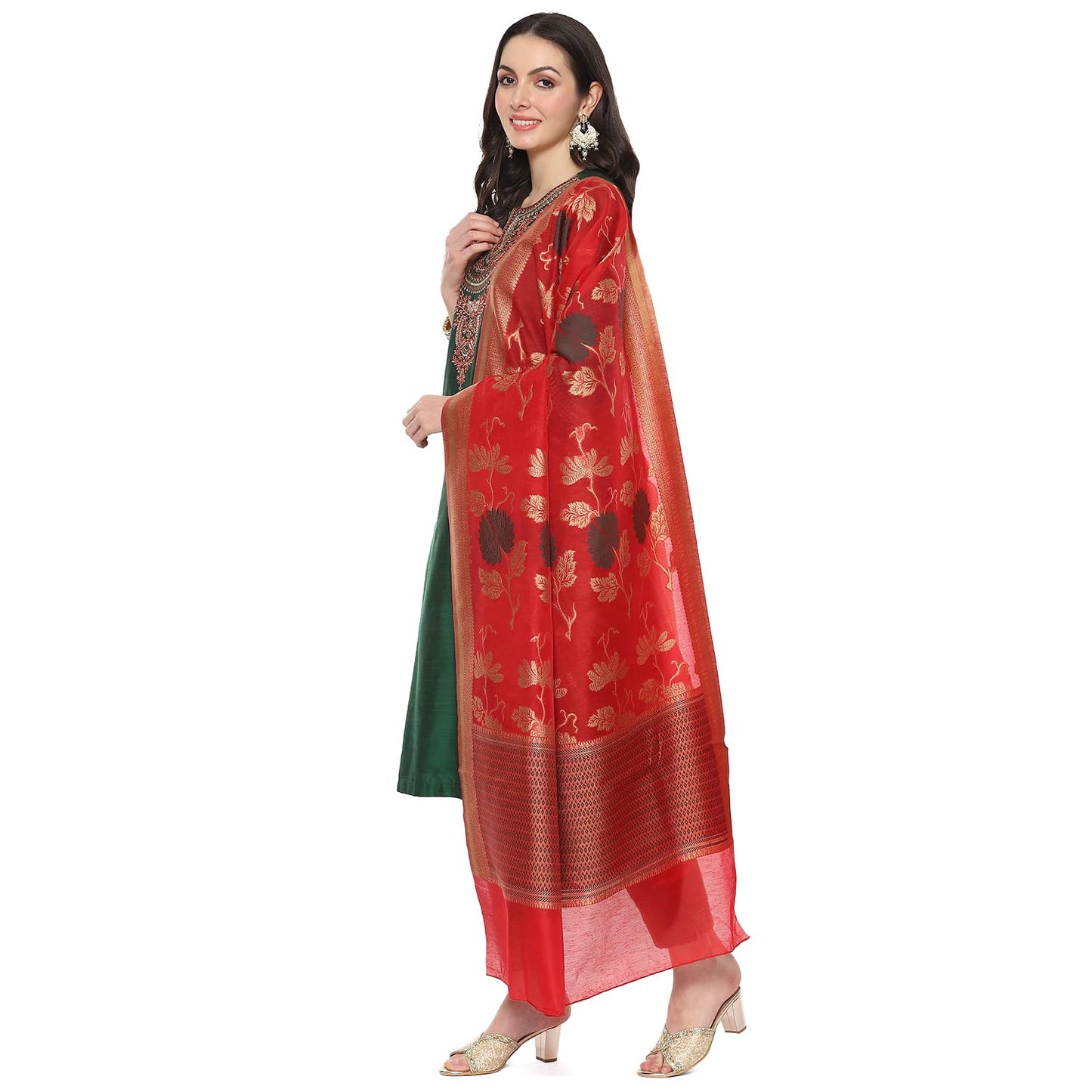 BIBA Women's Cotton Blend Embroidery Straight Salwar Kurta Dupatta (Skdbanarasi8852_Green/Red_34)