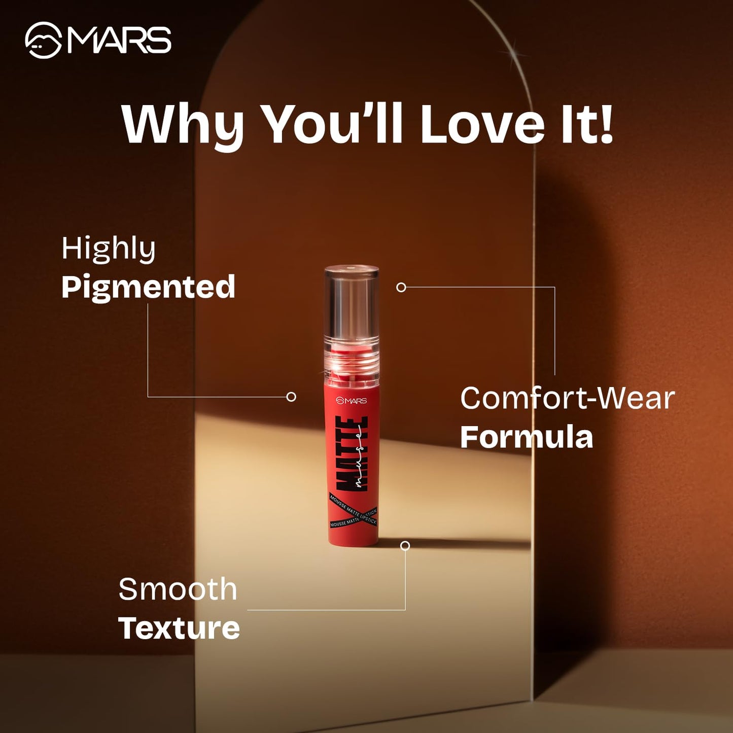 MARS Matte Muse Mousse Lipstick (3ml) (11-SHOW STOPPER) with Doe-Foot Applicator | Highly Pigmented | Smooth Texture | Hydrating Formula | Blurry Lips Effect