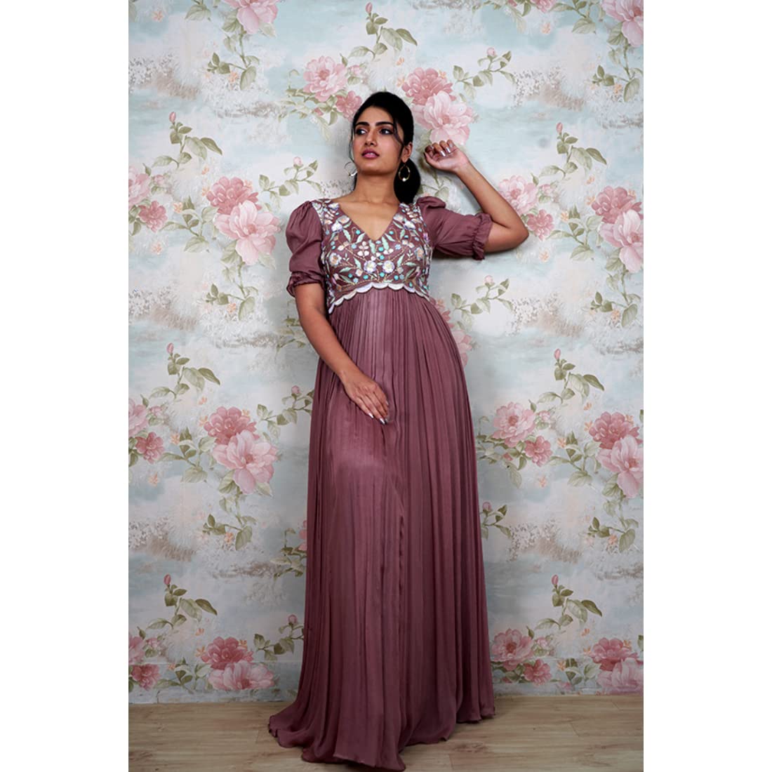 Avy's Label Chiffon Scalloped Long Frock Brown Embroidery (Brown, 40)