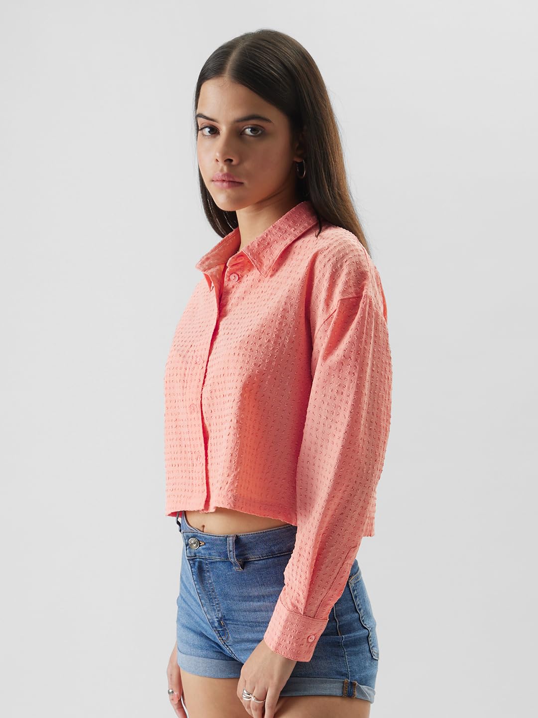 The Souled Store Original Pink Pixels Cotton Cropped Shirts for Women Cropped Shirts Fashionable Trendy Graphic Prints Pop Culture Merchandise Shirts Casual Button-Down Half Sleeve Printed Graphic