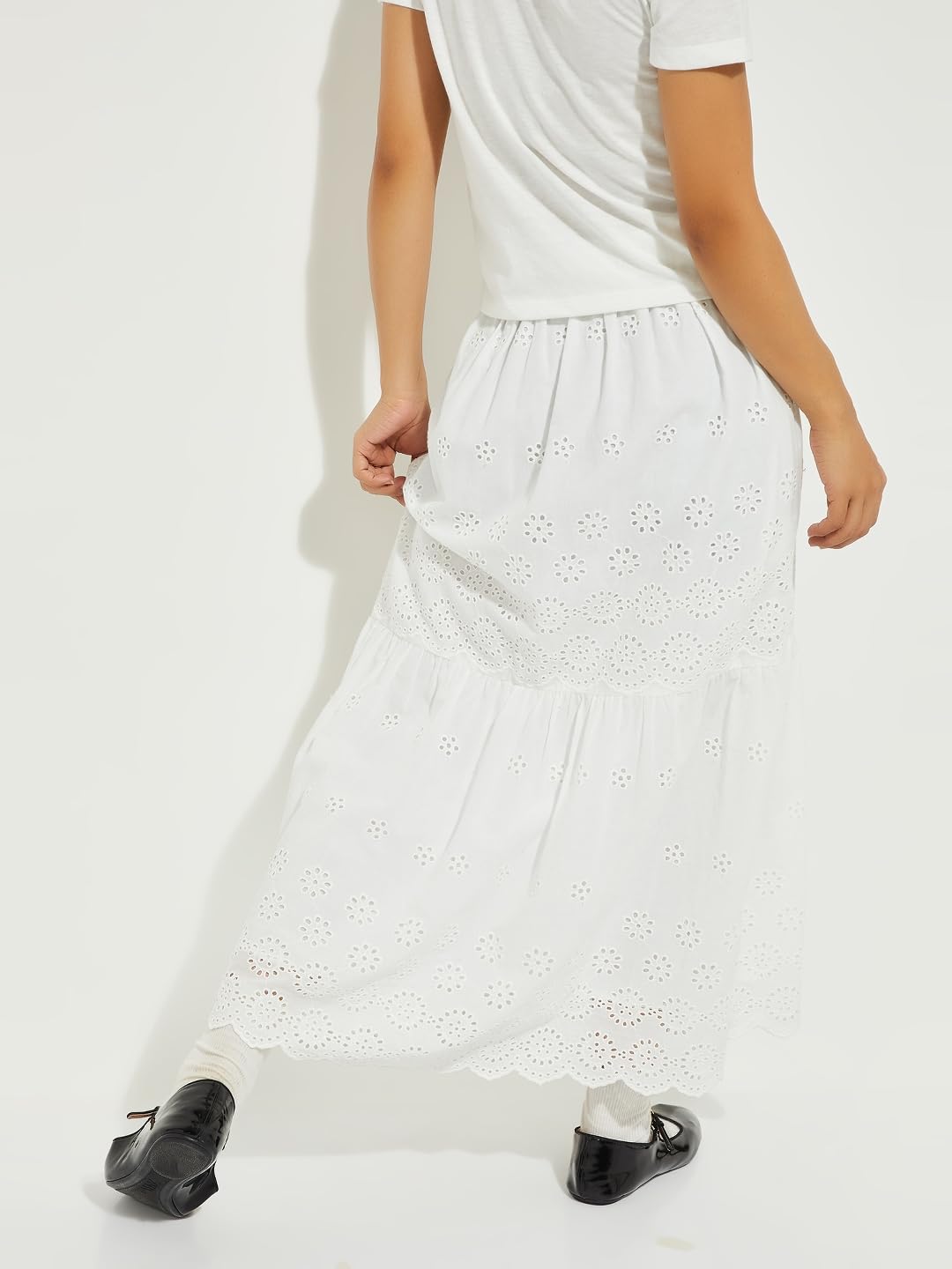 Max URB_N Women Schiffili Embroidered Tiered Skirt (Ivory_S)