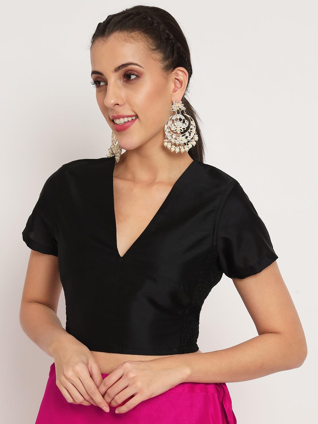 studio rasa Women's Silk Blend Stretchable Readymade Saree Blouse for Festive Wedding Party (TPWC52337XXL_BL_Black_XX-Large)