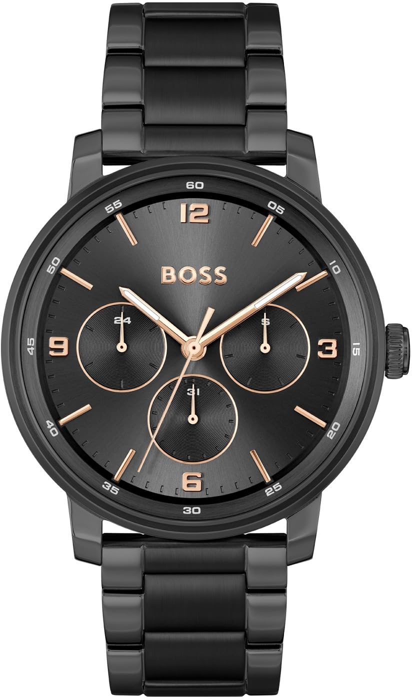BOSS Contender Qtz Multifunction Black Round Dial Men's Watch|Ionic Plated Black Steel Material|Back Color Band - 1514128