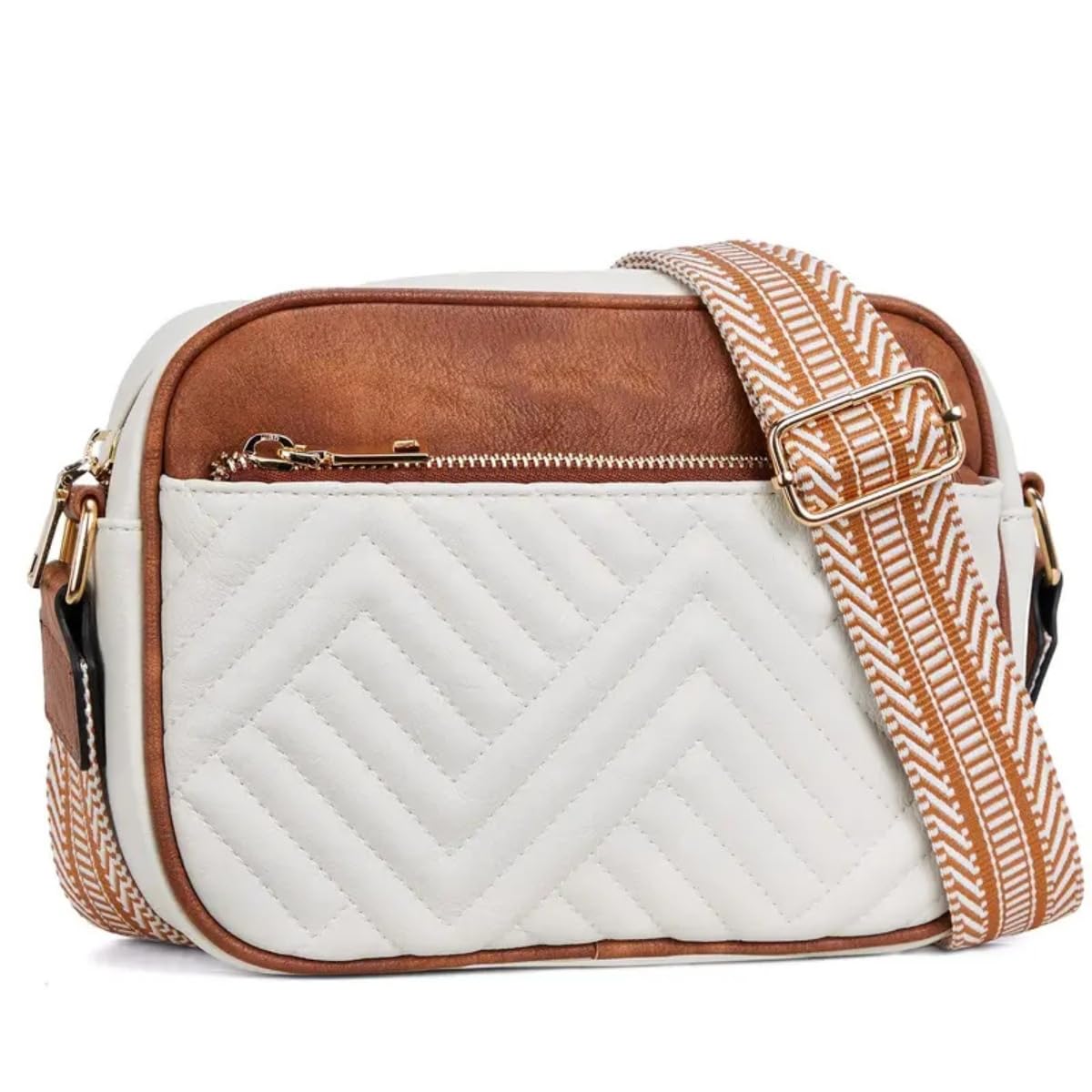 ITALISH Women Leather Crossbody Sling Bag in Geometric Pattern (White And Tan)