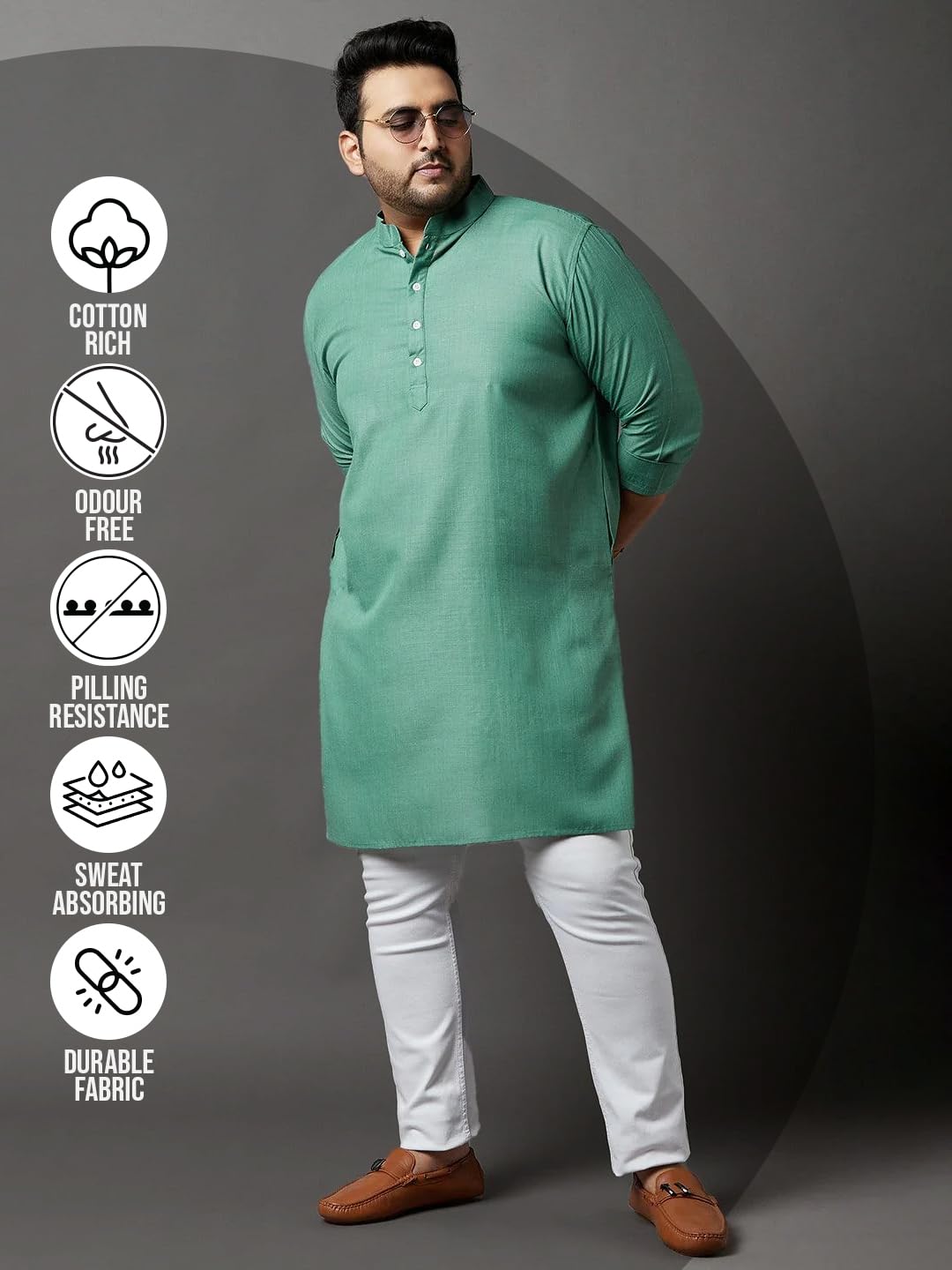 Bigbanana Plus Size Men's Cotton Blend Regular Fit Kurta (Ullas,Turquoise,4XL)