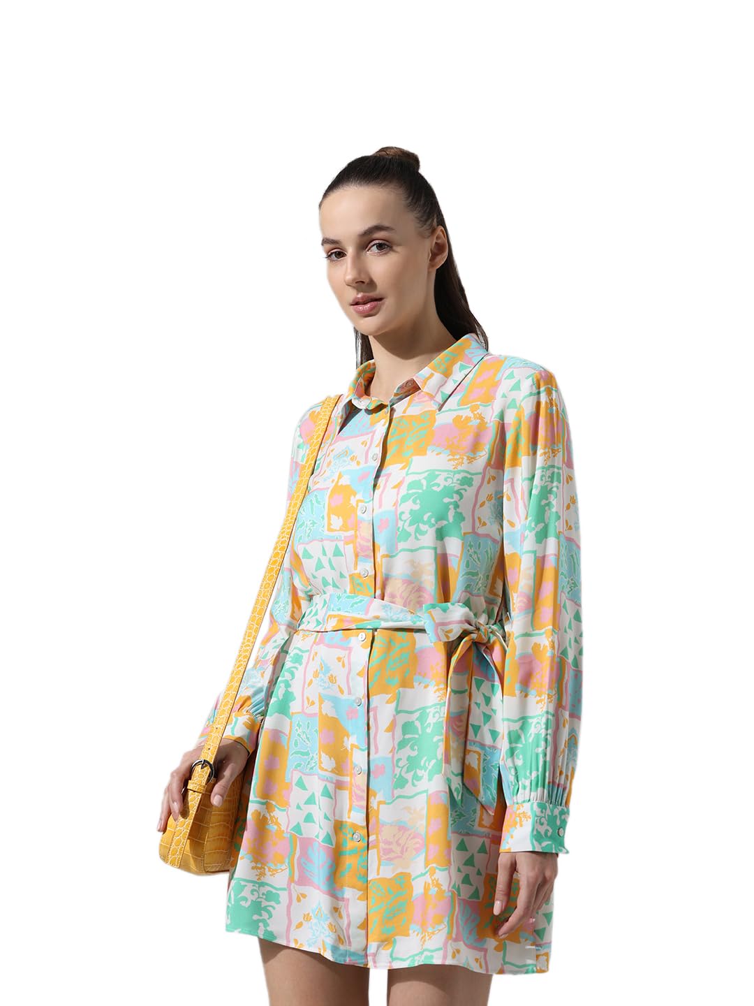 ONLY Women Printed Viscose Above Knee Loose Fit Multicolor Shirt Dress