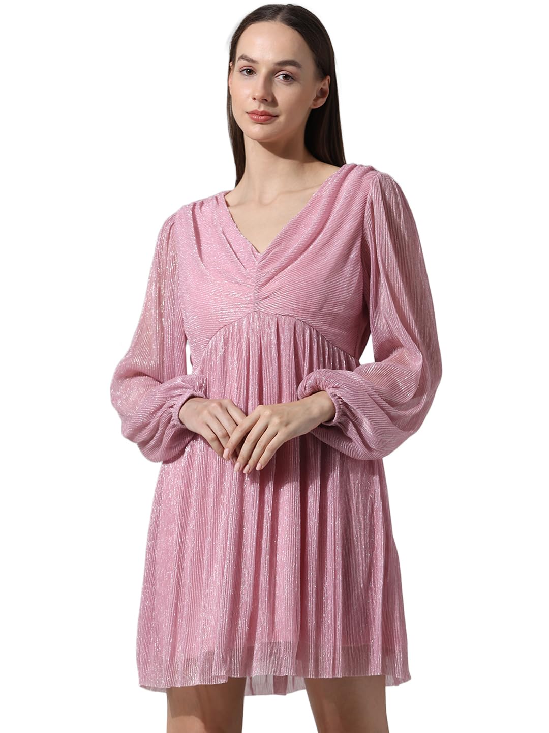 ONLY Women Solid Polyester Above Knee Fit & Flare Pink A-line Dress