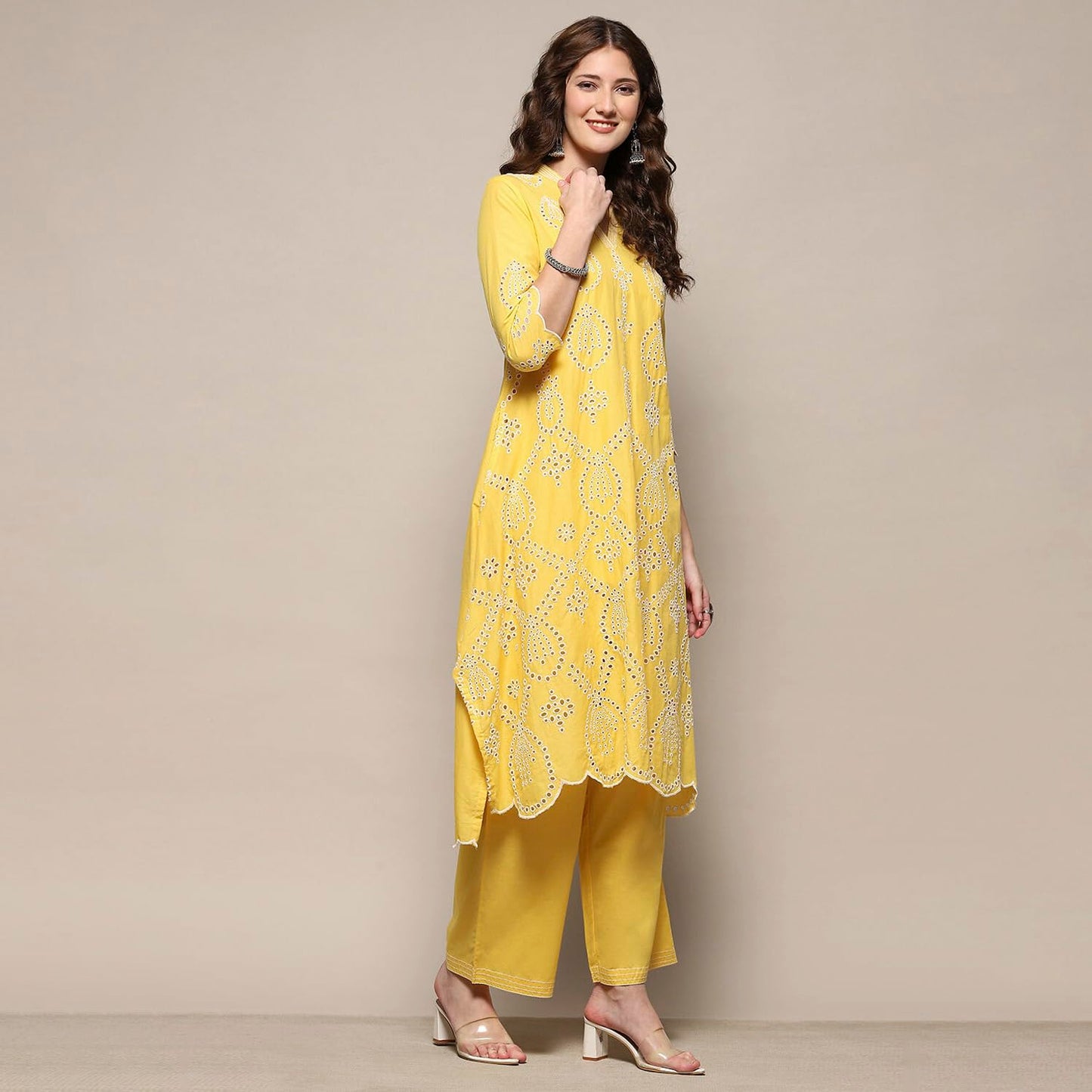 BIBA Women Cotton Asymmetric Embroidered Suit Set