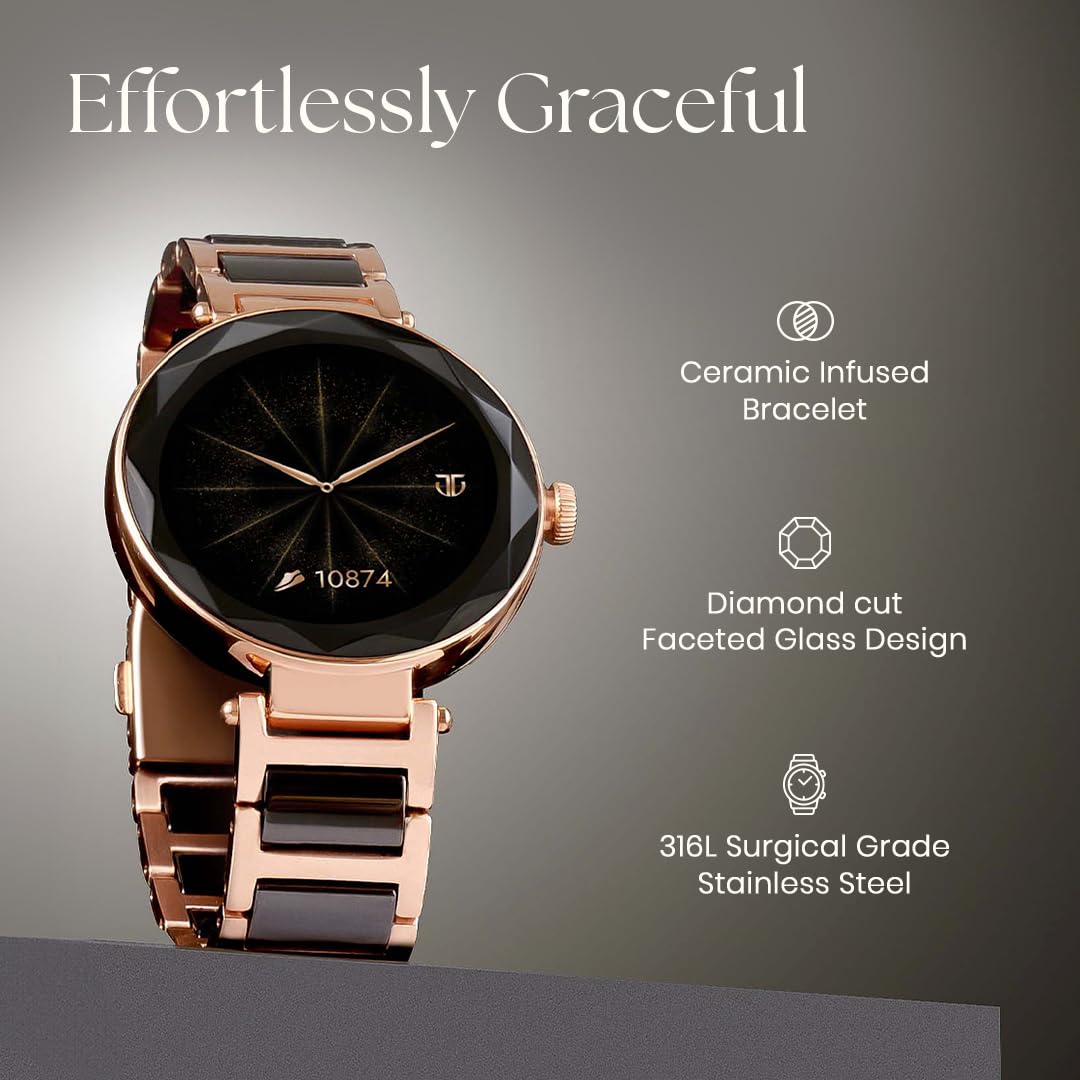 Titan Elixir 1.19" AMOLED Stainless Steel Smart Watch for Women Latest with Diamond Cut Design, SpO2, BP & Skin Temp Monitorings, Heart Rate, BT Calling, Voice Assistant, Water Resistant (Rose Gold)