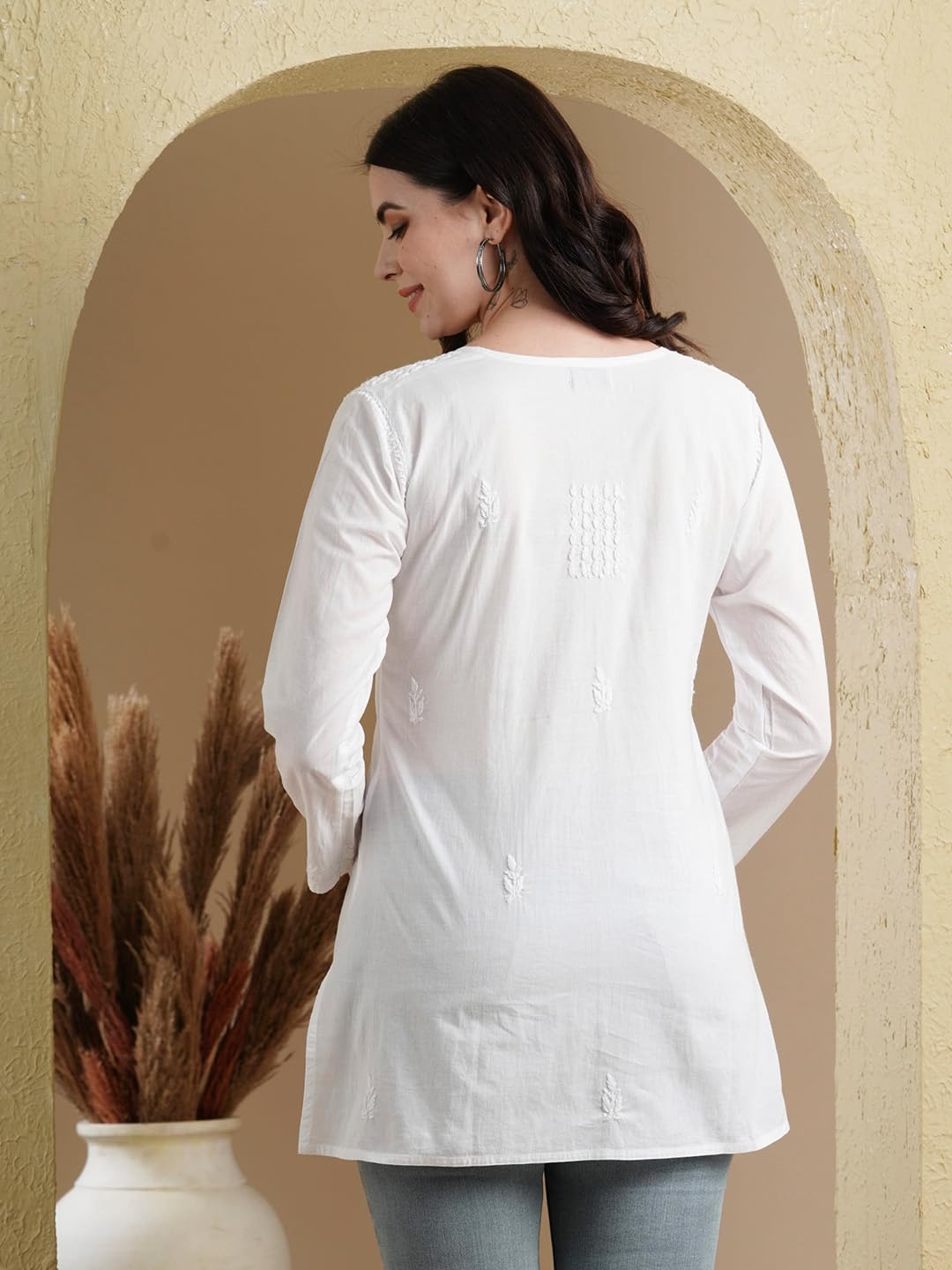 Ada Handmade Pure Cotton Lucknow Chikan Regular Fit Short Kurti for Women A100595 White (Medium)