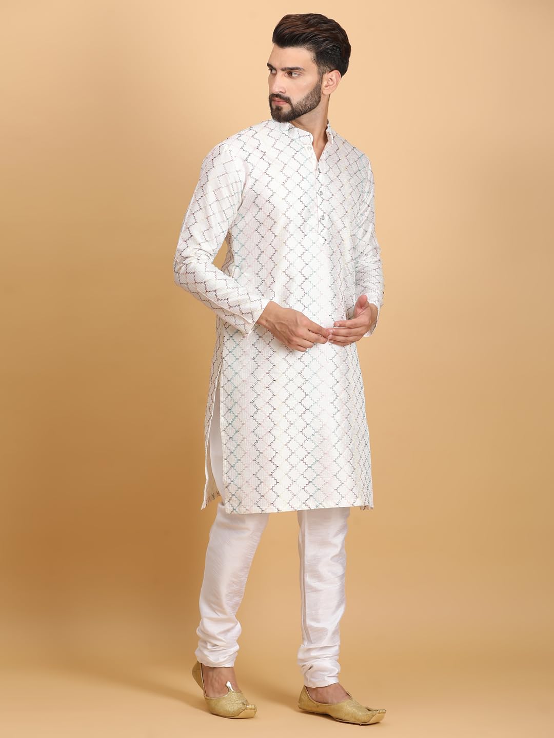 Ethluxis Men's Silk Blend Embroidered Regular Fit Kurta with White Churidar Set (46, White Multi)