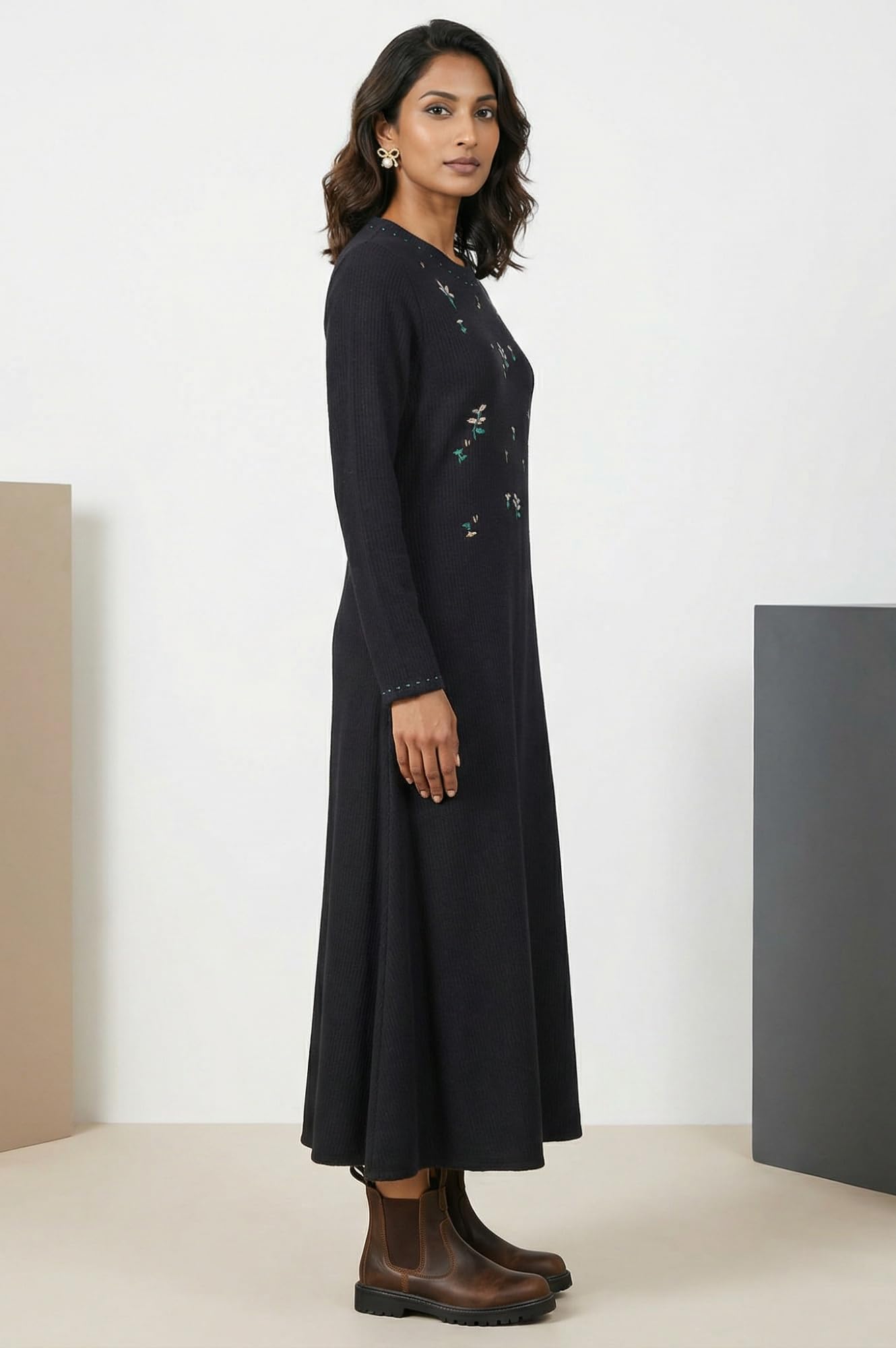 W for Woman Black Yarn Dyed Embroidered Rayon Blend A-line Winter Dress - (W13321-224580-XL)