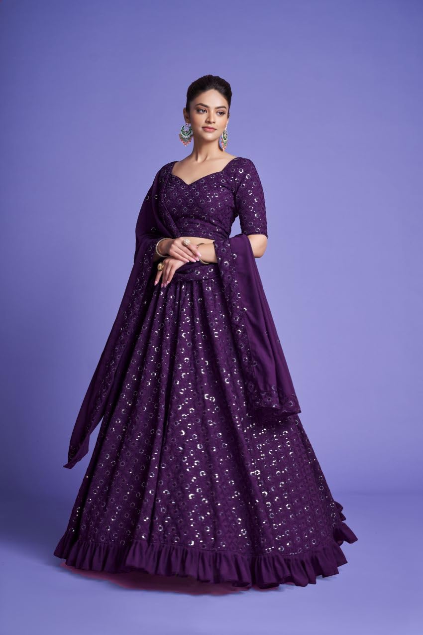 Fashion Basket Georgette Embroidery Work Lehenga Set for Women. (Purple)