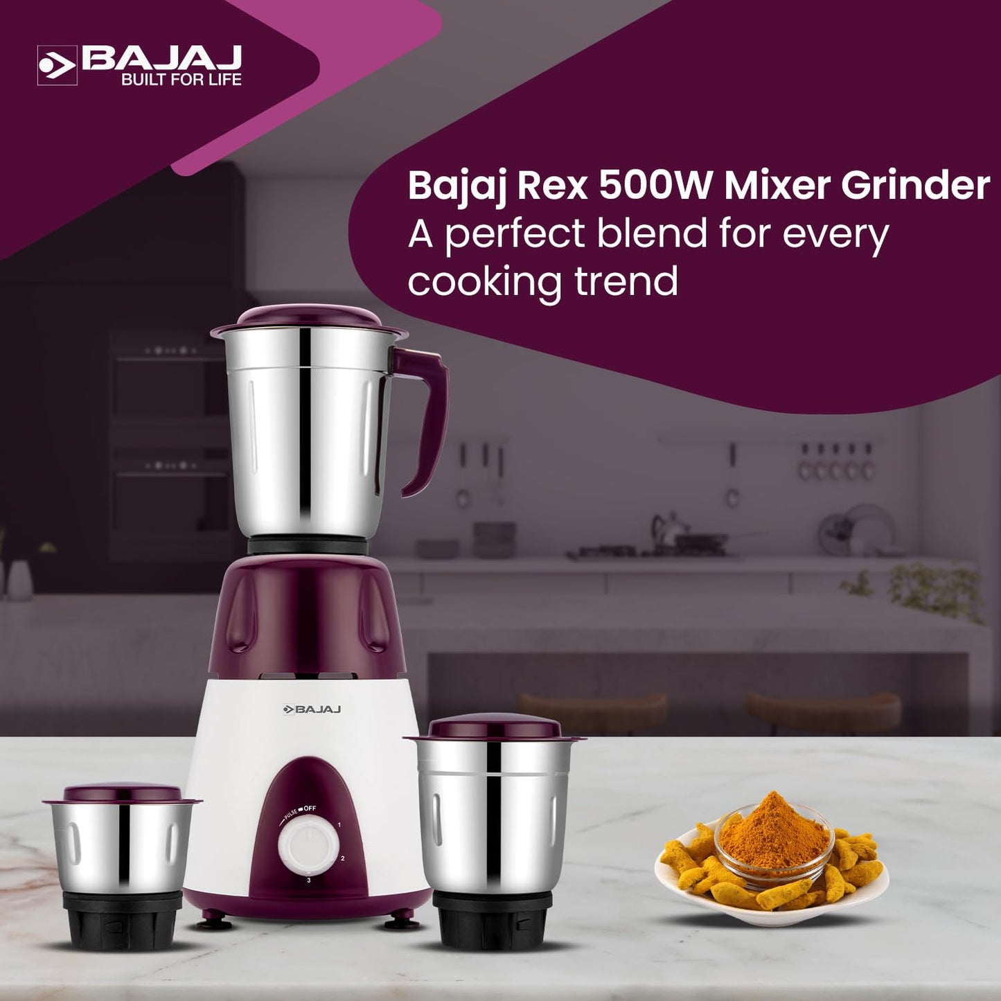 Bajaj Rex Mixer Grinder 500W | Mixie For Kitchen With Nutri-Pro Features | 3 SS Mixer Jars For Heavy Duty Grinding | Adjustable Speed Control | Multifunctional Blade System | 2 Yr Warranty【Purple】