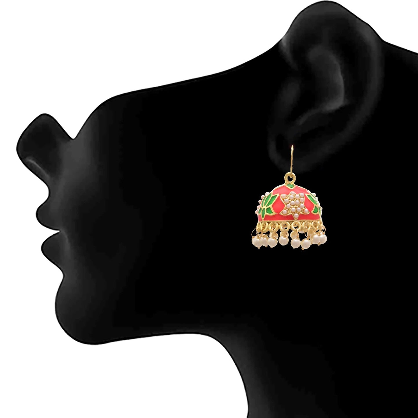 JFL - Jewellery for Less One Gram Gold Plated Pearl Hot Pink & Green Meenakari Designer Jhumki Earring for women,Valentine