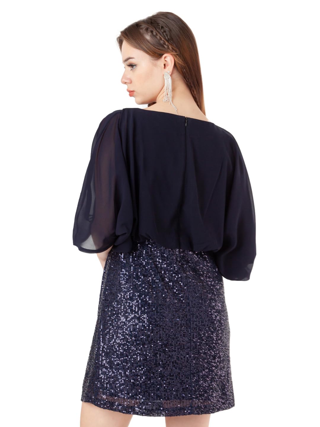 Zink London Women's Navy Blue Embellished Blouson Short Dress