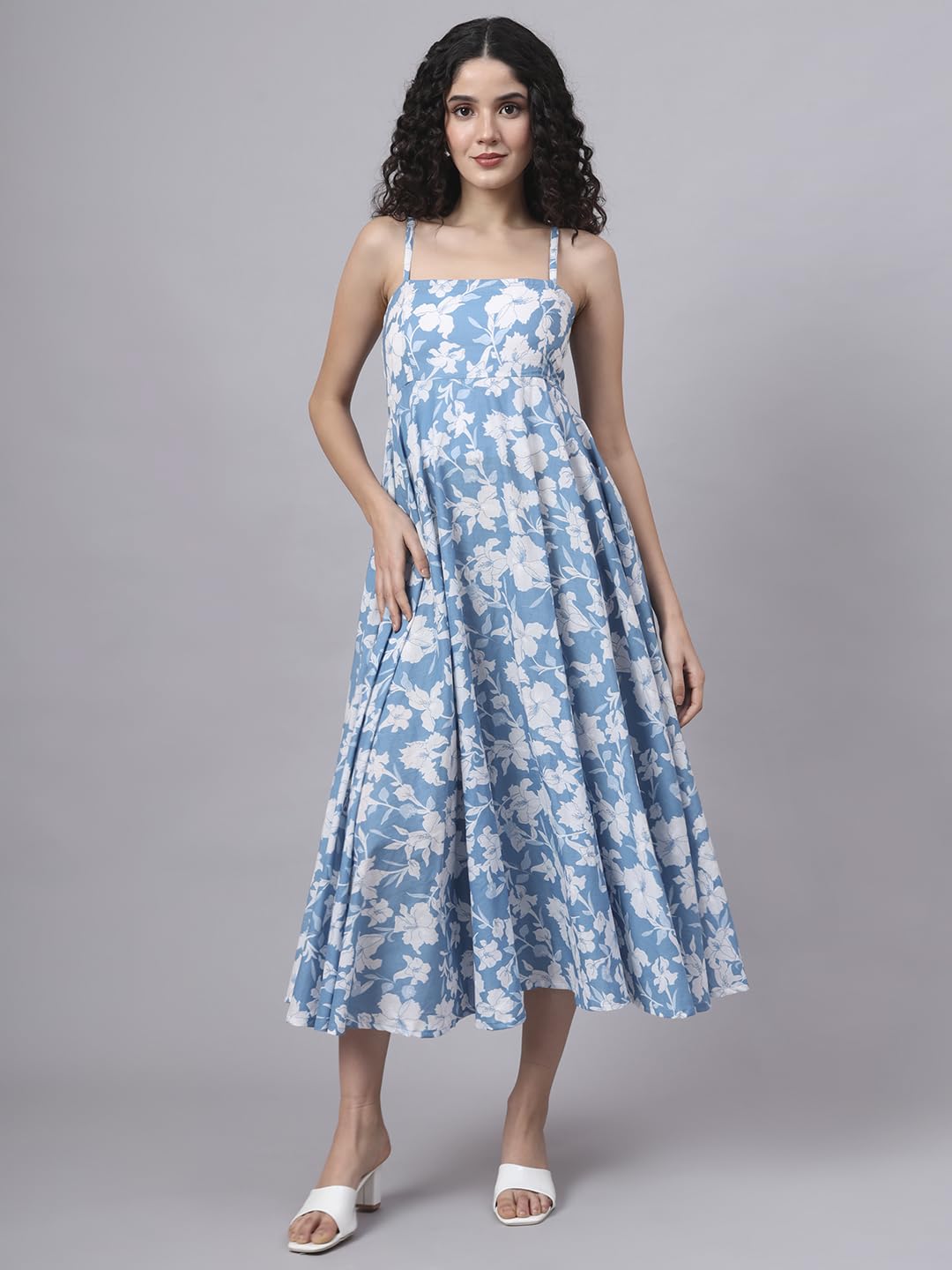Divena Blue Floral Shoulder Straps Cotton Dress