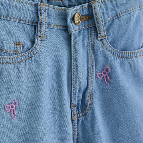 Hopscotch Girls Bow Embroidered Denim Straight Jeans in Blue Color for Age (9-10 Years)
