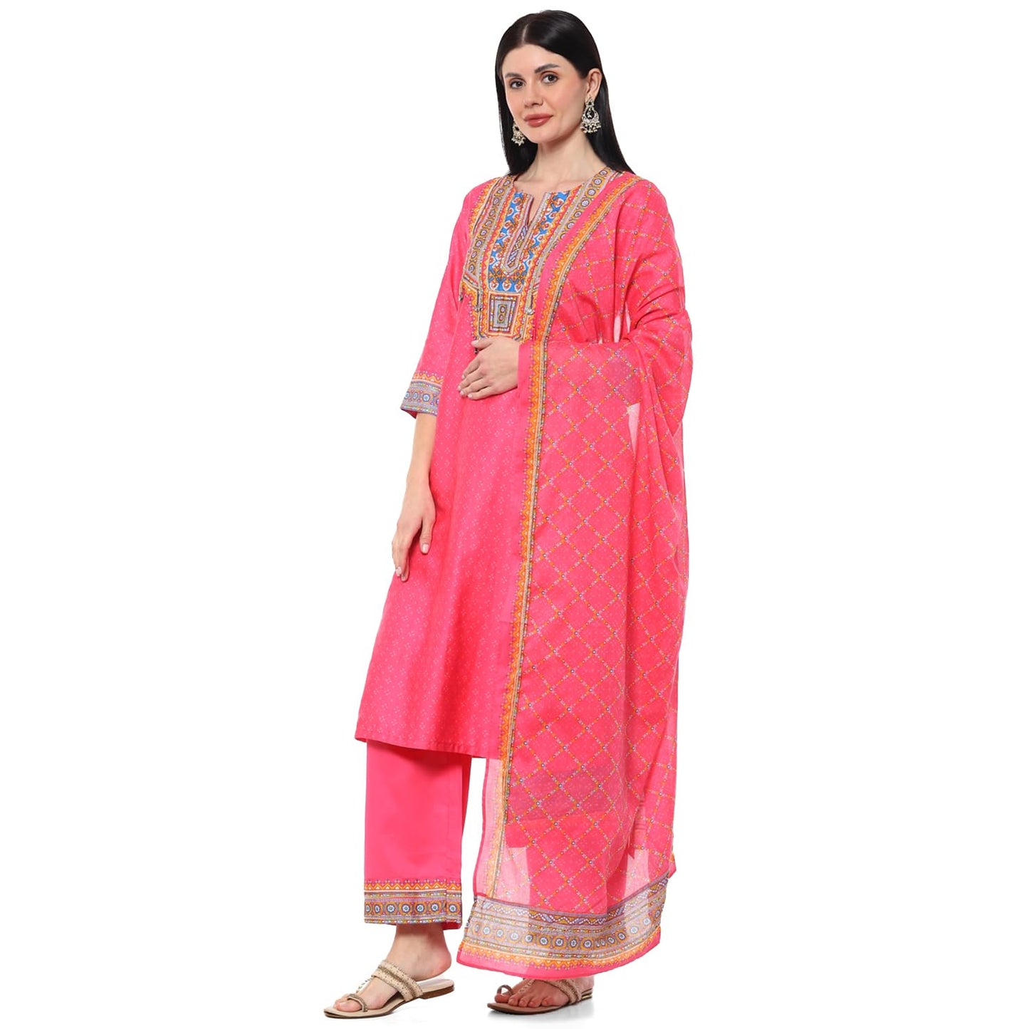 BIBA Women's Cotton PRINTED STRAIGHT KURTA SALWAR KURTA DUPATTA(SKDINDIE BOHO9454_FUCHSIA_38), Straight Fit, XL