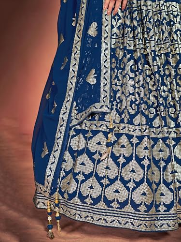 Zeel Clothing Women's Pure Georgette Semi-stitched Sequins Thread Embroidered Work Lehenga Choli With Dupatta (5117-Blue--Lehenga-Choli-New; Free Size)