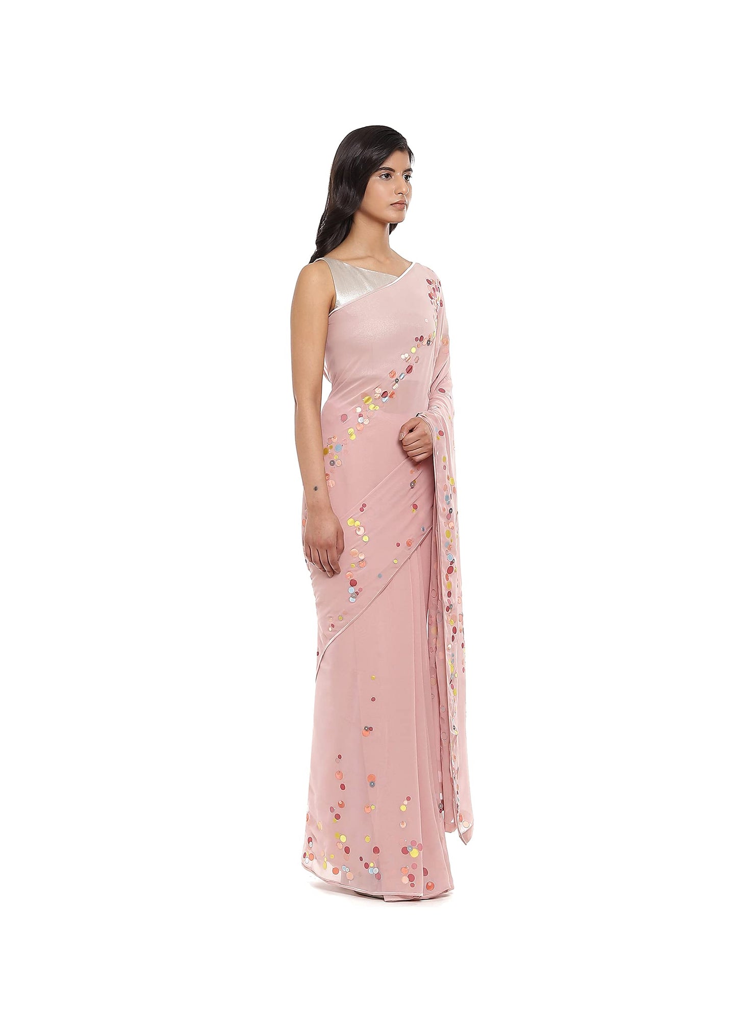SATYAPAUL Women's Jamdani Silk Georgette Saree With Blouse Piece (8907544995477_Peach)