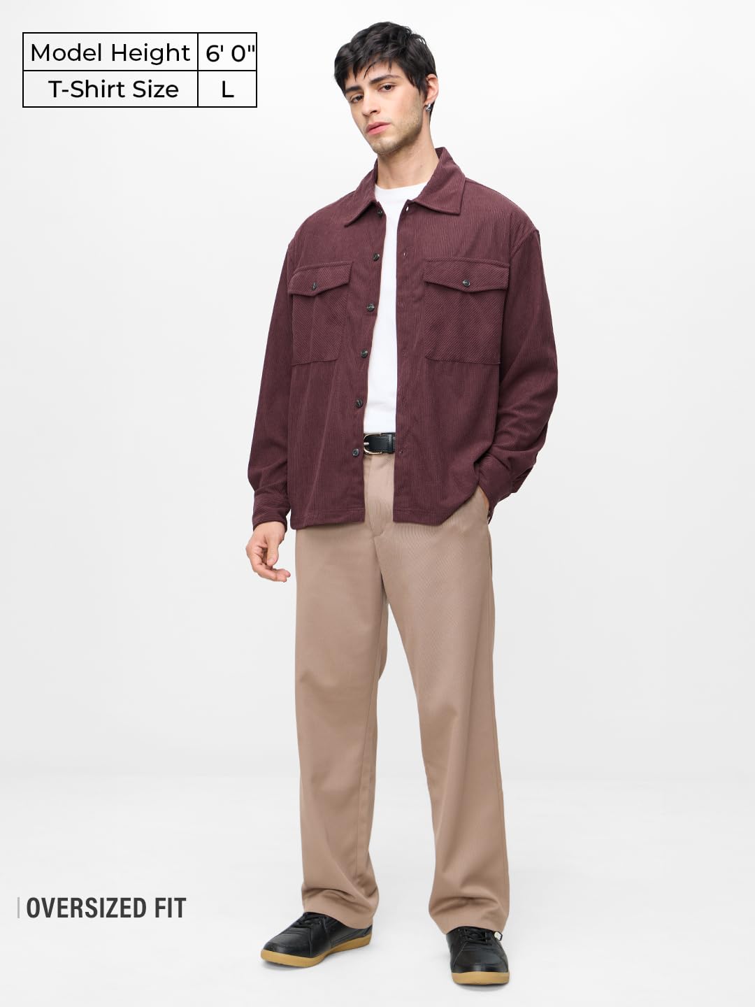 The Souled Store Corduroy Shacket: Maroon Men and Boys Long Sleeves Collared Neck Button Front Solid Polyester Oversized Shackets