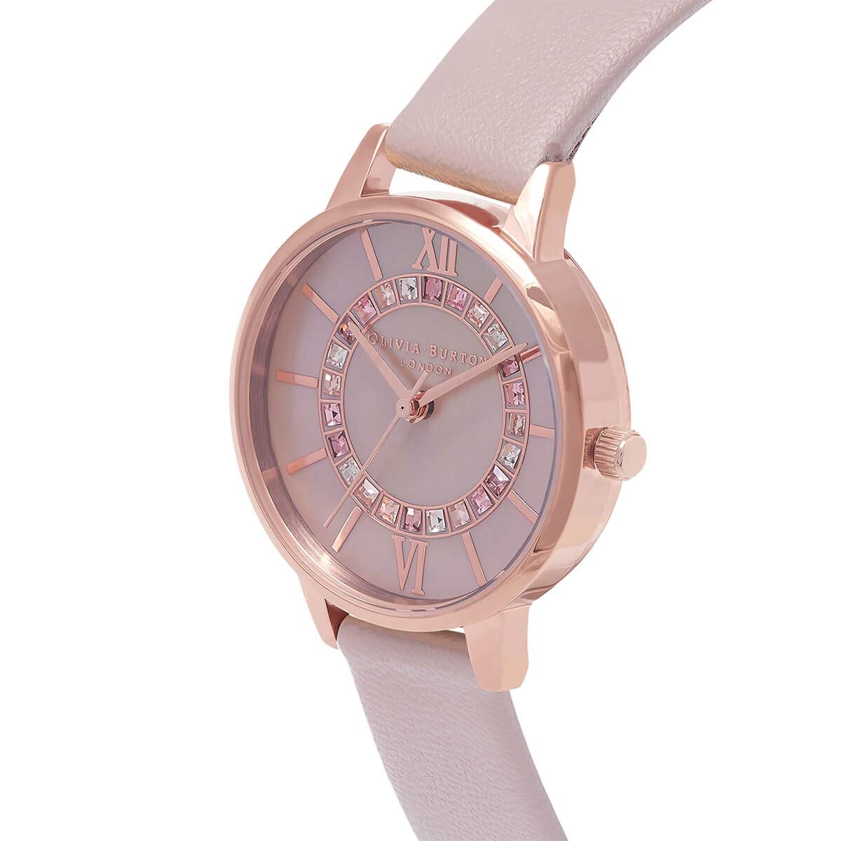 Olivia Burton Wonderland Qtz Basic Blush Mother of Pearl & Stone Round Dial Women's Analog Watch|Pearl Pink Leather Material|Pink Color Band - OB16WD93