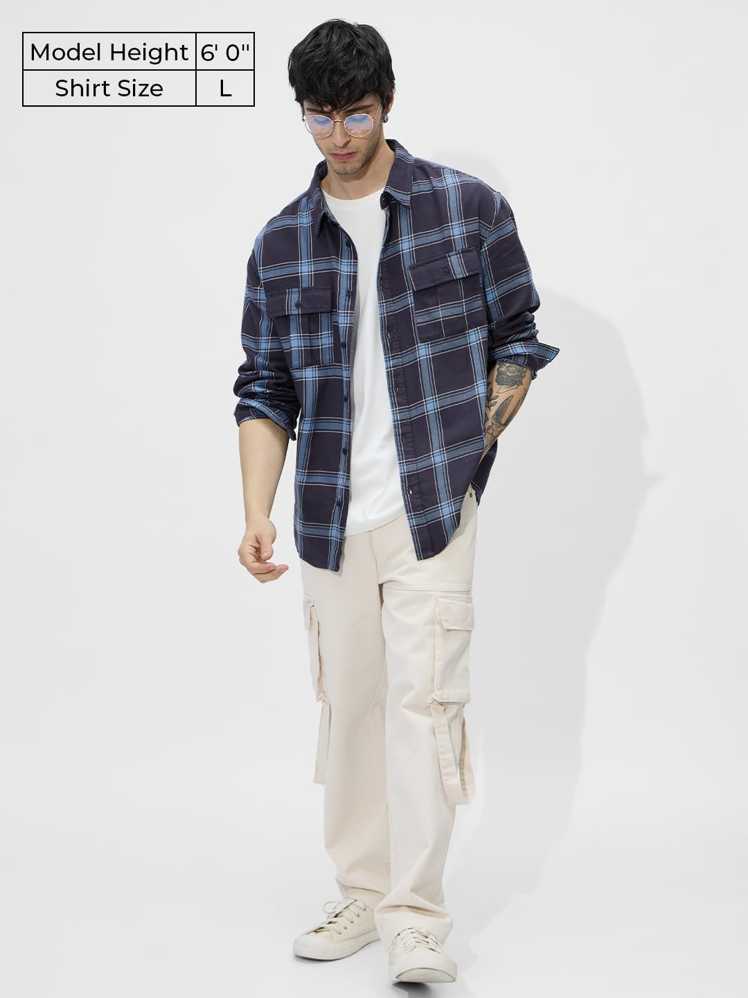 The Souled Store Plaid: Blue Men and Boys Long Sleeves Collared Neck Button Front Cotton Utility Shirts