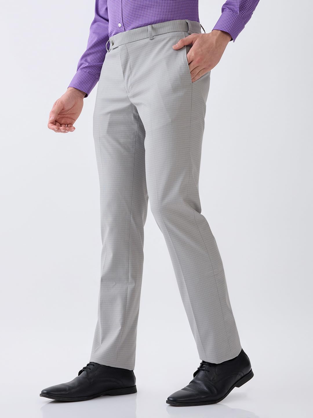 Park Avenue Men Slim Fit Checks Pattern Poly Viscose Blend Flat Front Formal Trouser (Size: 34)-PMTC08072 Light Grey