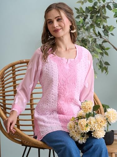 Ada Hand Embroidered Lucknowi Chikankari Georgette Short Kurti Top Tunic for Women A911515 Baby Pink (M)