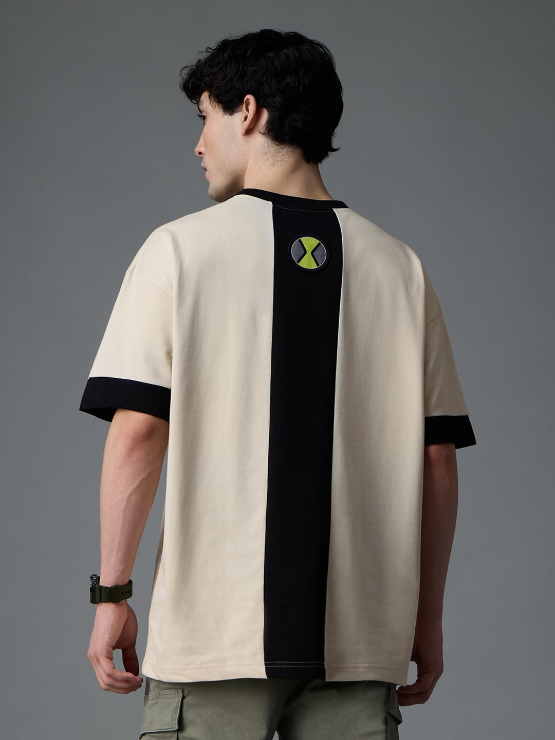 The Souled Store Ben 10: Omnitrix Men and Boys Short Sleeves Round Neck White Applique Patch Cotton Oversized T-Shirts