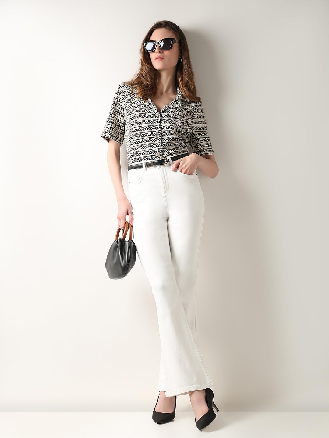 VERO MODA Women Solid White Cotton Flared High Rise Jeans