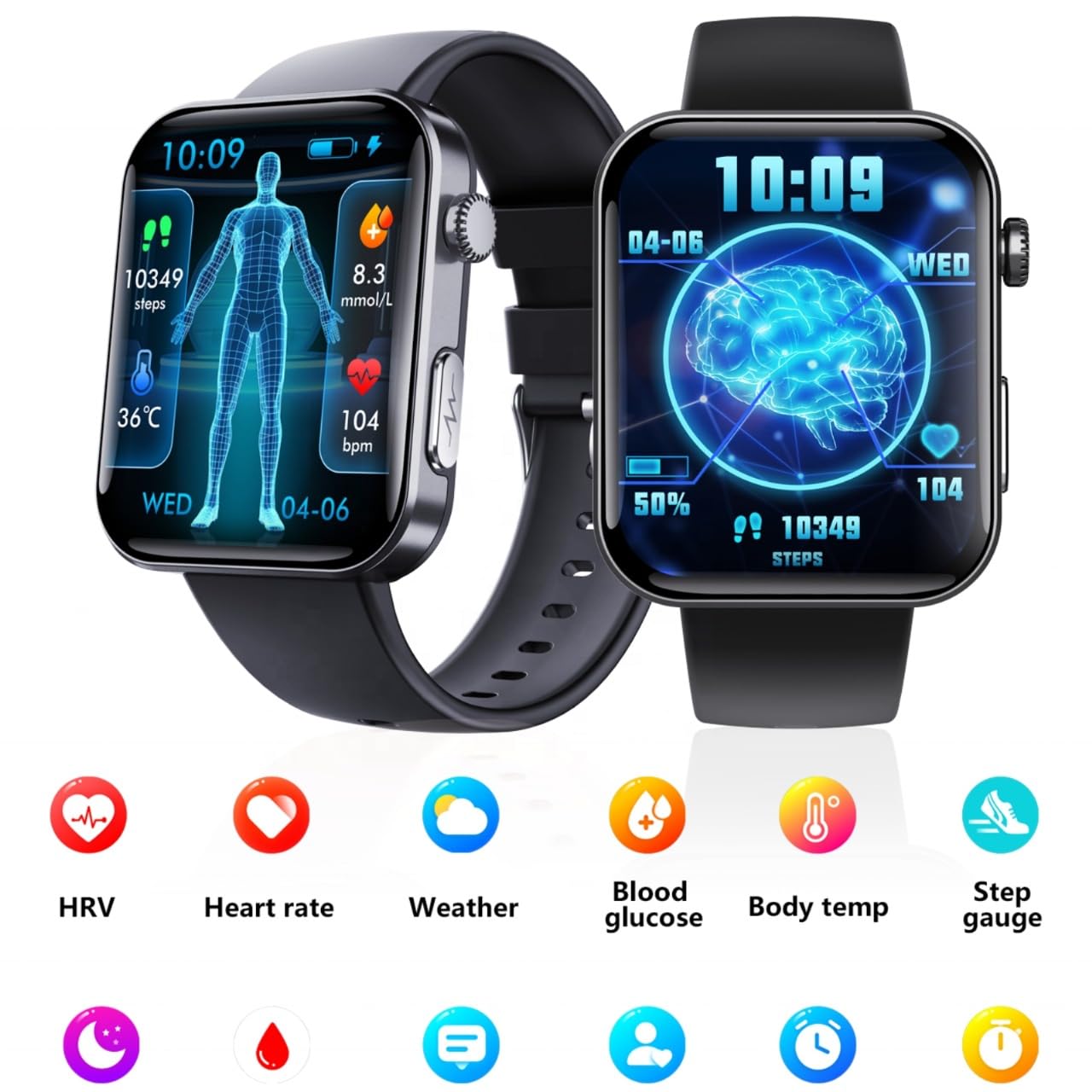 F300 Health Smartwatch, Blood Sugar Monitor, Heart Rate, BP, SpO2 Tracker, 1.7-inch Touch Display, 64GB Storage, Black