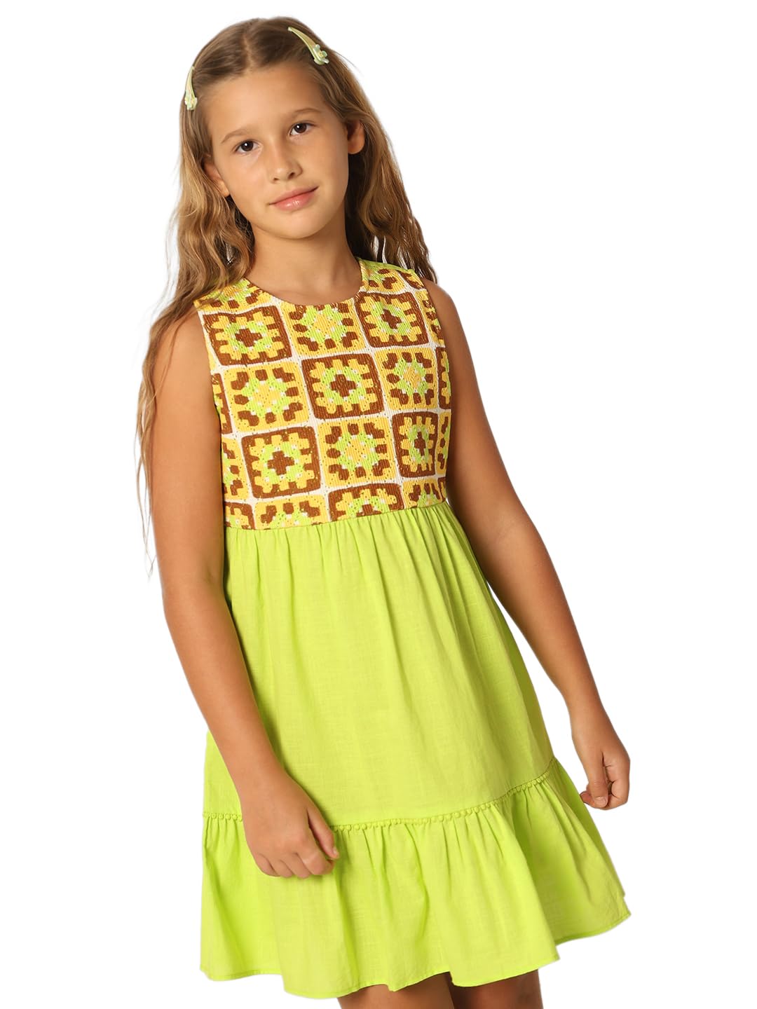 VERO MODA Girls Self Design Cotton Green Above Knee Length A-Line Dress